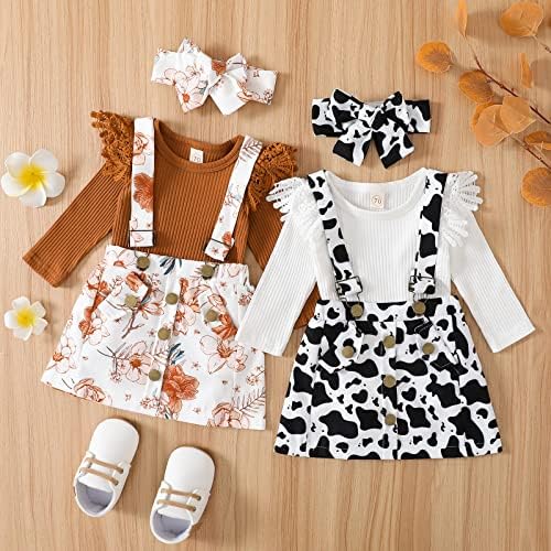 Новороденче девојче есен облека, ракав за ракав, лента со ребрести Romper+цветни суспендери, здолниште крави А-линија фустан+лента за