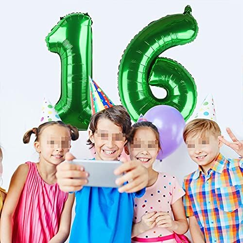 Yijunmca Green 16 броеви балони гигант umамбо број 16 32 хелиум балон што виси балон фолија Милар балони за момчиња девојчиња 16 -ти роденденски