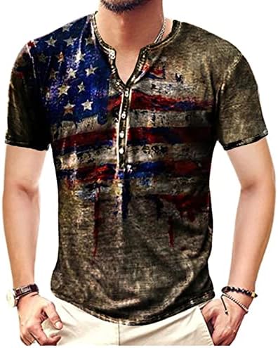 Wenkomg1 Mens Henley кошула, измиена starвезда на знамето на САД и ленти ретро стил улична облека кратка ракав патриотска потресена