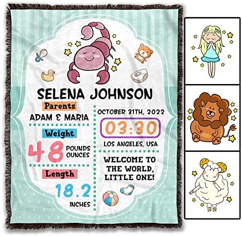 Urvog персонализирано родилно хороскопско ќебе за момчиња и девојчиња - прилагодено име на бебето, датум на раѓање, тежина, должина, премија