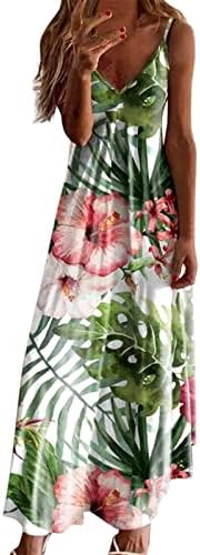 Женски летни обични макси фустани цветни печати шпагети каиш со трендовски v вратот без ракави лабав долг фустан
