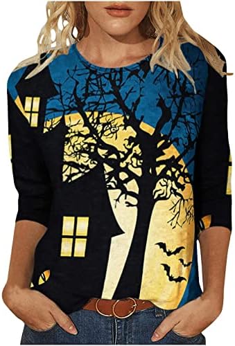 Ноќта на вештерките тркалезна кошула на вратот женска мода печатена лабава маица со средна должина 3/4 ракави блуза обични врвови