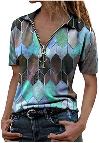 Fragarn летни врвови за жени со ниско сечење на деколте кошула Дијамантска графичка печатење маичка лабава вклопена кратка ракав
