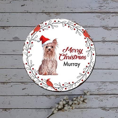 Среќен Божиќен венец знак куче во капа кардинас Враќач круг метален лимен знак Божиќна врата декор гроздобер алуминиумски знак за дневна