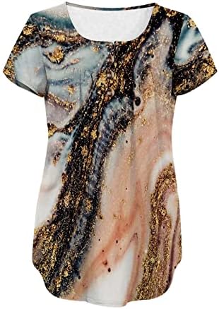 Qcemeni женски Туника врвови скријте ја кошулата на стомакот 2023 летно копче V вратот со кратки ракави маици, облечени проточни мермерни