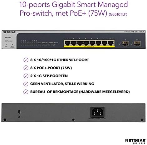 NETGEAR 10-Порта Gigabit Ethernet Smart Успеа Pro По Прекинувач-со 8 x po+ @ 190w, 2 x 1g SFP, Десктоп/Rackmount, И ProSAFE Живот