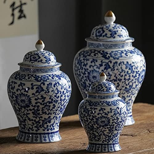 Fakeme 2x кинески стил керамички ѓумбир тегла Прекрасна сушена цвет вазна застаклена азиска декор за чување чај подарок за свадби, забава 1300мл порцелан тегла