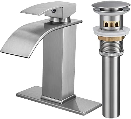 Водопад со четкан никел Бања Тапа ： Единечна дупка за мијалник за бања -модерна единечна рачка за мијалник за мијалник за мијалник -со плоча за покривање и одвод за
