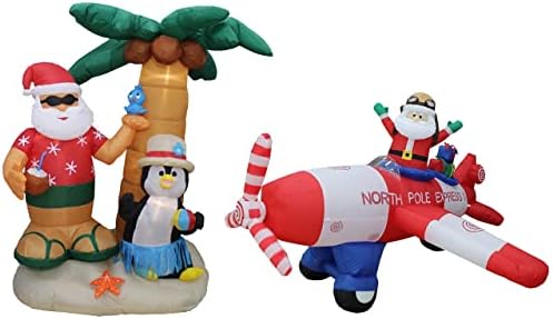 Два божиќни украси за украси, вклучуваат 7 стапки на надувување Дедо Мраз пингвин на остров со палма, и Божиќно надувување на Божиќ, на
