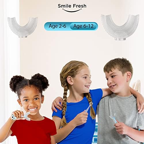 Насмевка свежа четка за заби во облик на заби - 360 ° Четка за заби на целата уста - со 2 глави на четки, стругалка на јазик, складирање на wallидови - совршено за деца, дете