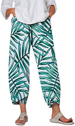 Panенски капри панталони, лето постелнина, обична ширина на ногата Палацо јога Каприс Тропски цветни печатени панталони