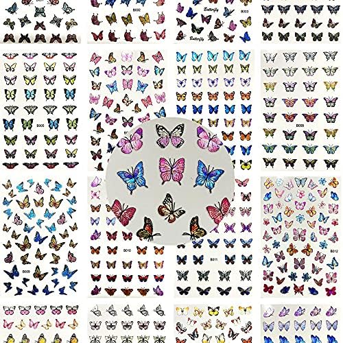 Комплет од 16 налепници за пеперутки со уметност со нокти со лепила налепници за пеперутка
