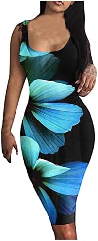 Женски основен секси каросерија миди резервоар фустан мода криви девојки без ракави тркач задниот дел на коленото цветна печатена колк