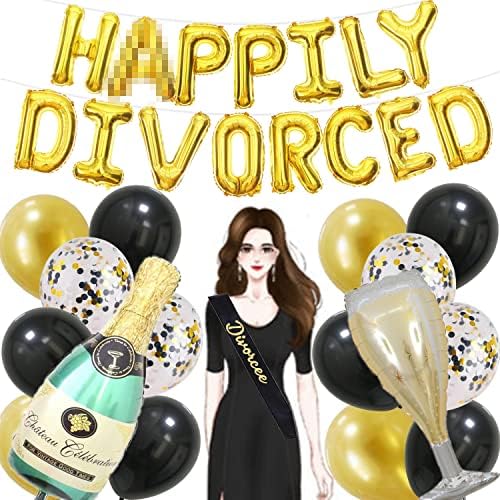 Комплет за украси за забави за развод, вклучен „разведен“ балон со фолија + 1 „развод“ Саш + 1 балон со шише со шампањ +1 сет фото реквизити + 1 балон со вино од вино + 30