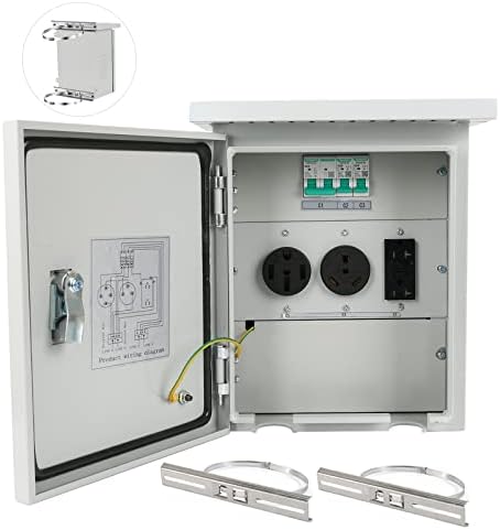 Панел за привремена моќност на Huatol, RV кутија за излез на електрична енергија со инсталиран 20Amp, 30AMP, 50AMP сак -рецепт, затворен