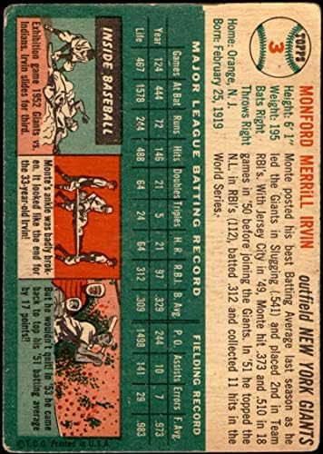 1954 година Топс 3 Wht Monte Irvin New York Giants Suff Giants