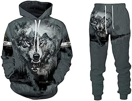 Autum 3D Волк печатен џемпер со качулка постави машка облека за машка облека со долги ракави за машка облека за мажи