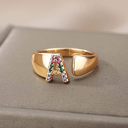 T3STORE Chapture Incircon иницијали Име прстени за жени кои отвораат прилагодливо злато Stainelss Steel Letter Ring Jewelry Accessory-71736