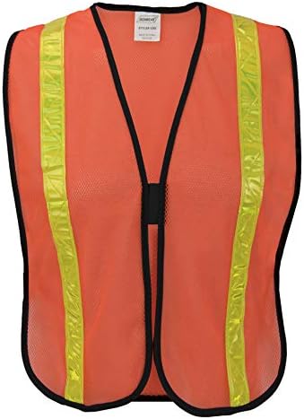 Ironелезна облека 1250-О полиестерска мрежа безбедносен елек со врзување на полиестер и 1-3/8 Флуресцентен вар/жолта лента, портокалова, една големина