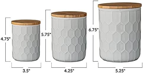 Канистри за камења од Фарма Хаус Блумингвил со дизајн на саќе и капаци од бамбус, бели и природни, сет од 3 големини, A21700001