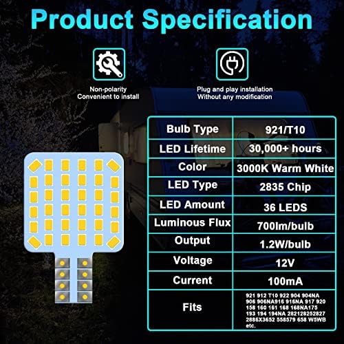 Dumiloo T10 921 LED светилки за внатрешни работи за RV, 10PCS 922 912 194 LED светилки, супер светла 3000k топли бели светла од 12