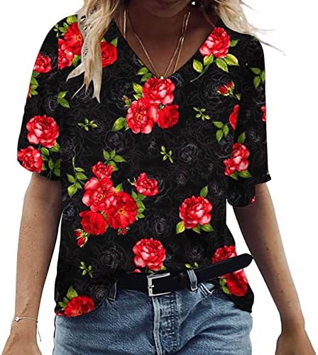Краток ракав Топ маичка за девојчиња Памук V вратот цветни графички бренд лабава вклопување плус големина опуштена вклопена маичка UJ