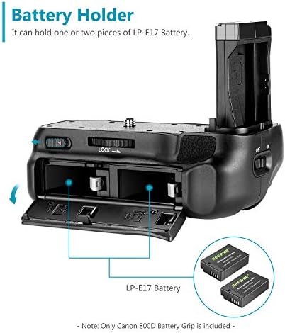Вертикална зафат на батеријата на Neewer со држач за батерии компатибилен со Canon EOS 800D/Rebel T7i/77d/Kiss X9i/9000D, работете