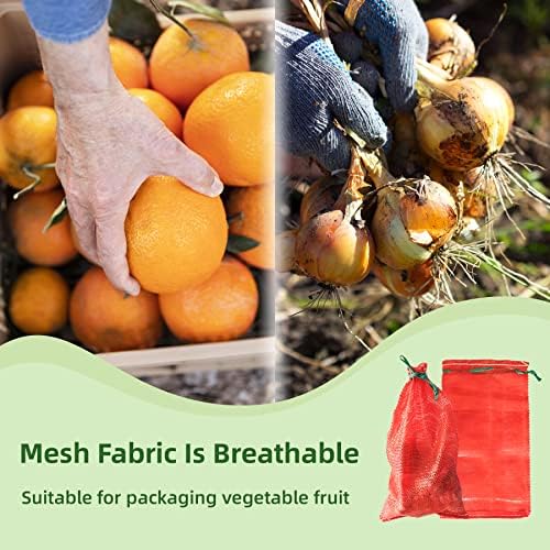 Deebree 10 lb Mesh Tags Conist, 11 × 18 Mesh произведува торби што висат еднократно за дишење на зеленчук, за складирање на зеленчук, со влечење за кромид компири агруми лакови, црвен?