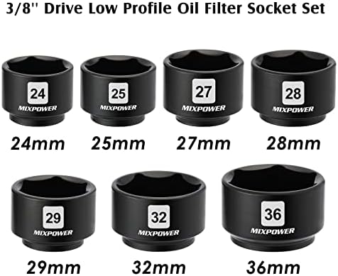 Mixpower 7 парчиња 3/8 Погон за филтрирање на масло со низок профил, сет, 24мм, 25мм, 27мм, 28мм, 29мм, 32мм, 36мм, отстранувач на капаче за филтрирање на маслото и поставување на ал?