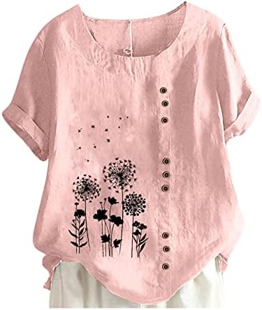 Плус големина памучна постелнина маици женски случајни кратки ракави за цвеќиња за цвеќиња од цвеќиња од цвеќиња, лабава тенок о-врат на вратот блуза