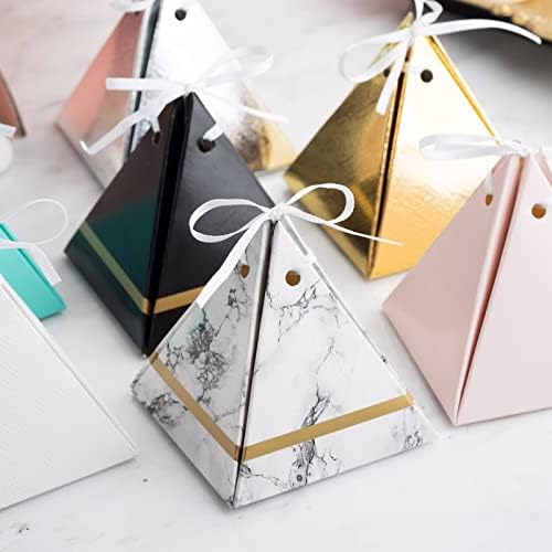 Efavormart 25 пакет металик злато пирамида забава за фаворизирање со сатенски панделки картички за свадбени подароци за венчавки