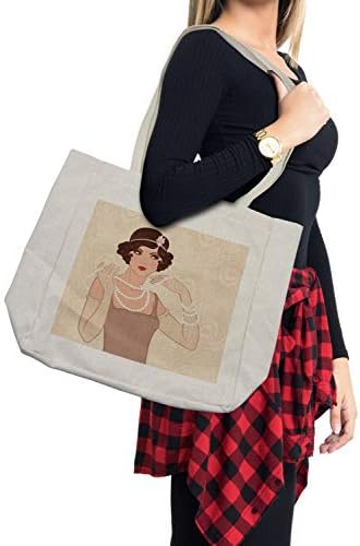Ambesonne стара торба за шопинг во Холивуд, кадрава коса бринета флапер девојка која носи ѓердан и лента за глава, еко-пријателска торба за
