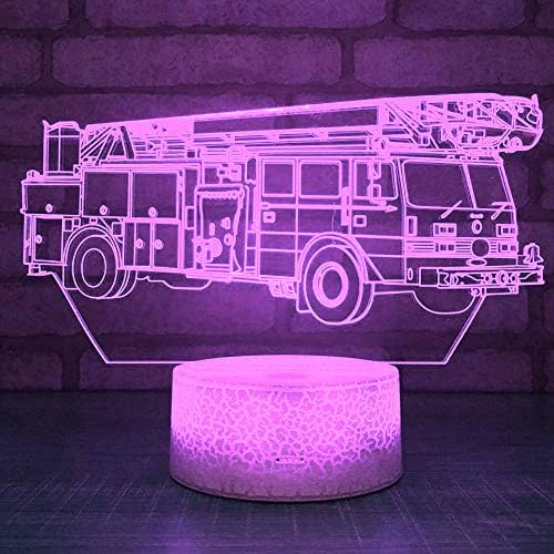 Jinnwell 3D Fire Engine Truck Truck Car Night Light Lamp илузија 7 во боја Промена на допир прекинувач Табела за декорација на декорација на ламби ABS база USB играчка за кабел