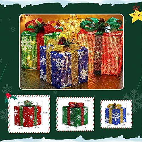 Божиќни украси сет од 3 осветлени кутии за подароци LED осветлете ја тековната кутија батерија оперирана декор за Божиќно дрво, Божиќен украс