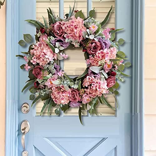 Сакате да се караат од 24 инчи пролет хидрангеа цветен венец за влезна врата со рустикална розова роза и божур цвет за свадба или домашен декор