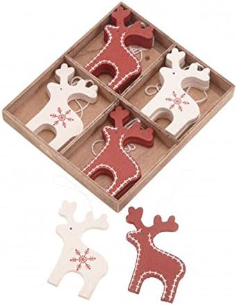 Среќа и среќа Божиќни ирваси украси x 12 дрвени црвени и крем елени-нордиски скандинавски стил