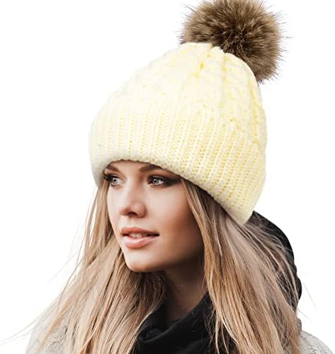 Зимска мека плетена капа од зимска мека, со мачно крзно пом, топло череп капа за жени за жени