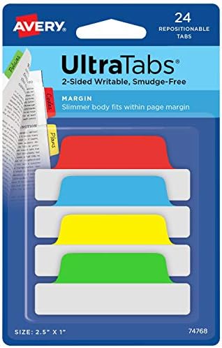 Avery Margin Ultra Tabs, 2,5 x 1, 2-странични написи, разновидни бои, 24 јазичиња за резистентни страници