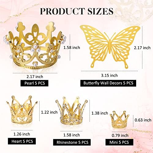 Ayfjovs 20 парчиња 5 стилови злато круна торта Топер мини круни Мала круна со 5 парчиња Пеперутка wallид декор за корона, пара цветни букети