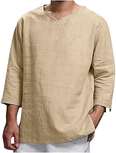 Синзелимин Ново-врвови за машка модна памучна постелнина лабава маица цврста боја случајна долга ракава маичка со врата од