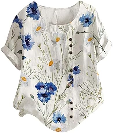 Дами Викторијански врвен летен есен краток ракав 2023 Трендовски постелнина памук екипаж на цветни графички блузи маички за девојчиња