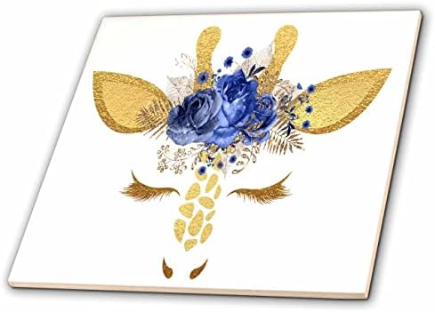 3дроуз Глам Слика На Златна Жирафа Со Сина Цветна Илустрација-Плочки