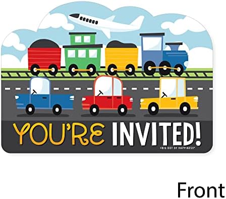 Голема точка на среќа автомобили, возови и авиони - покани за пополнување во форма - картички за покана за роденденска забава со