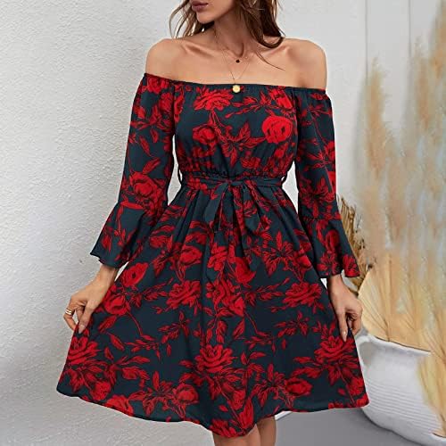 Надвор од рамо цветна забава мини фустан женски завој преклопен долг ракав каузален цветен печатење мини фустан