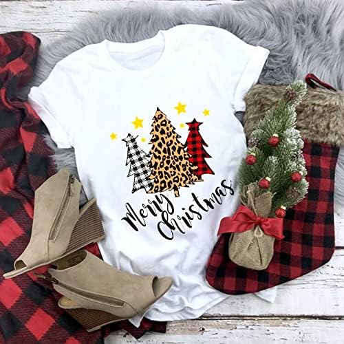 Божиќни врвови за жени карирани дрво печатени маички со кратки ракави со тркалезна маица блуза летен пуловер