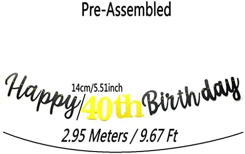 Среќна декорација на банер на 40-ти роденден, црно-злато Среќен 40-ти роденденски знак за банер, 40-ти роденденски украси за украси, пред-строги