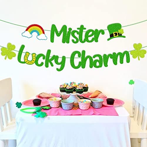 Mister Lucky Charm Банер Сент Патрик Ден Декорација за момчиња Сјајно зелена зелена боја три лисја на лисјата Шамрок гарланд