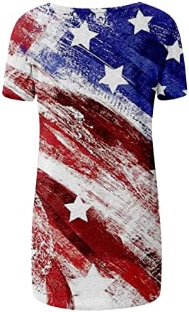 Американско знаме долги кошули за жени патриотски маички starsвезди ленти кратки ракави против вратот на вратот на врвовите за хеланки