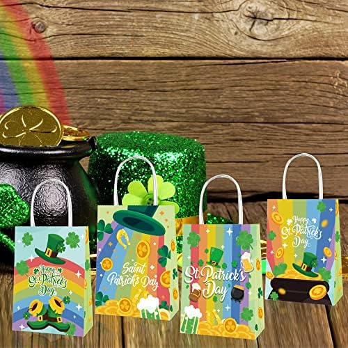 Корпи за подароци за хартија за хартија во Денот на Свети Патрик, 12 парчиња 4 дизајни Шамок Грин Крафт торби за подароци, Ирска Детелина
