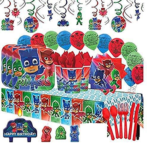 Amscan PJ Masks Mega Deluxe Codiday Party Pack за 16 со плочи, салфетки, чаши, прибор за јадење, табели, свеќи, висечки украси и балони